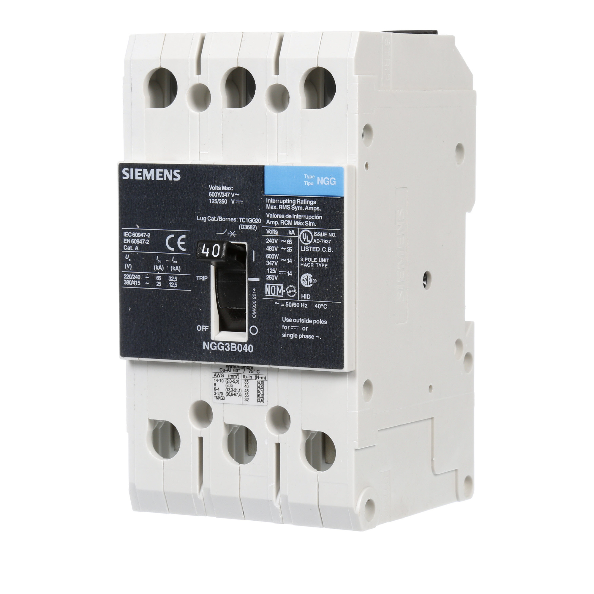  LOW VOLTAGE G FRAME CIRCUIT BREAKER WITH THERMAL - MAGNETIC TRIP. UL LISTED NGG FRAME WITH STANDARD BREAKING CAPACITY. 40A 3-POLE (14KAIC AT 600Y/347V)(25KAIC AT 480V). SPECIAL FEATURES MOUNTS ON DIN RAIL / SCREW, LINE AND LOAD SIDE LUGS (TC1GG20) WIRE RANGE 8 - 1/0 AWS (CU/AL). DIMENSIONS (W x H x D) IN 3 x 5.4 x 2.8.