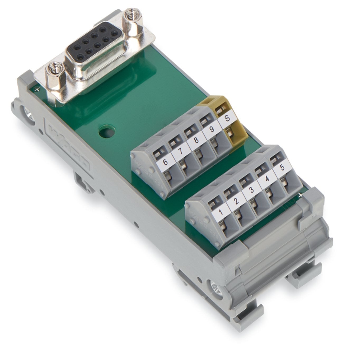 Interface module; with solder pin; Female connector; 9-pole; Mating connector with solder connection; Vertical mounting; PCB terminal blocks, double-row; in mounting carrier; 2,50 mm