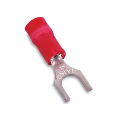 Insulated Vinyl Fork Terminal for Wire Range 22-16 Stud Size #10, Red, Canister
