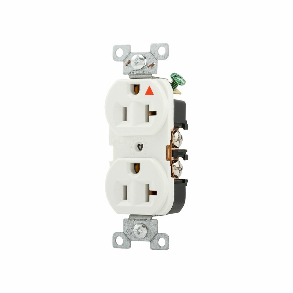 Eaton Arrow Hart heavy-duty industrial specification grade duplex receptacle, #14-10 AWG, 20A, Industrial, Flush, 125V, Back and side, White, Brass, High-impact nylon face, Glass-filled nylon base, 5-20R, Duplex, Screw, Nylon