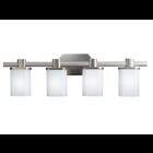 A clean and modern look with flattened oval, cased opal glass shades sitting upon a bobeche disk supported by a coordinating oval bar. Nickel finish. This 4 light bath bar is understated, but spirited. For use in bathrooms. 100 watt max. Width 30 1/2in., height 9in., extension 5 1/2in.. Fixture may be installed with glass up or down. Height from center of wall opening with glass up is 4in.. U.L. listed for damp location.