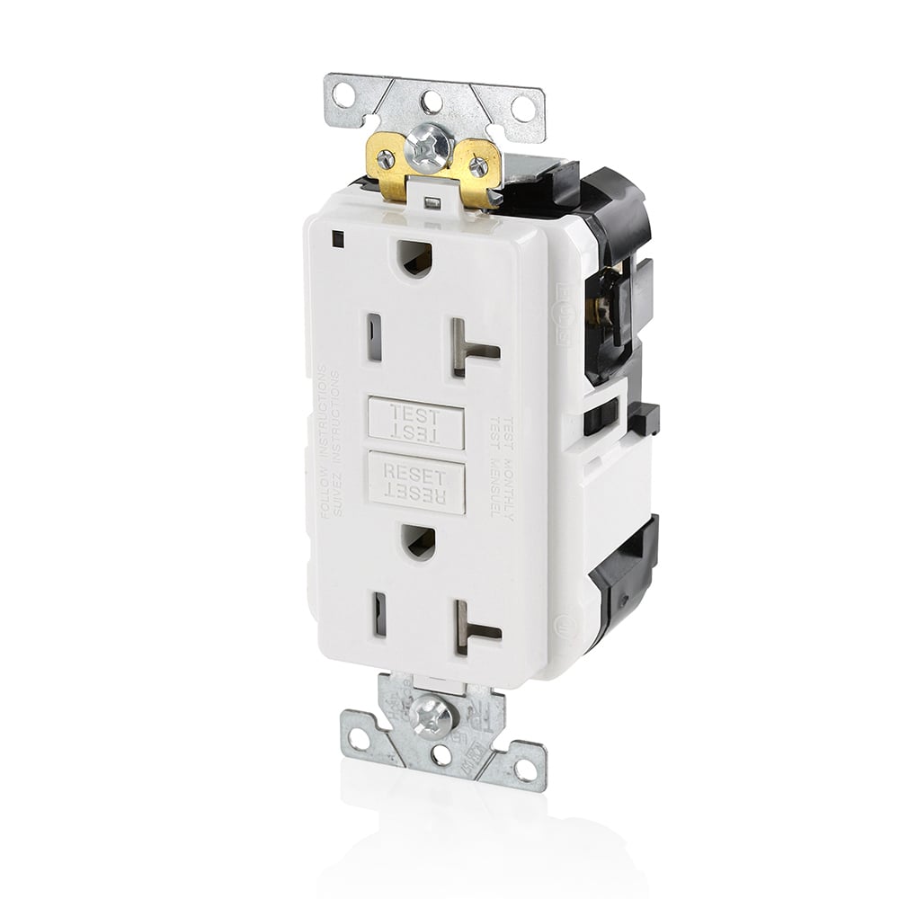 20 Amp, 125 Volt, SmartlockPro Slim Lev-Lok GFCI Self-Test Receptacle, Extra-Heavy Duty Industrial Grade, Tamper-Resistant, 20A Feed-Through,NEMA 5-20R, 2P, 3W, Modular Terminals  WHITE