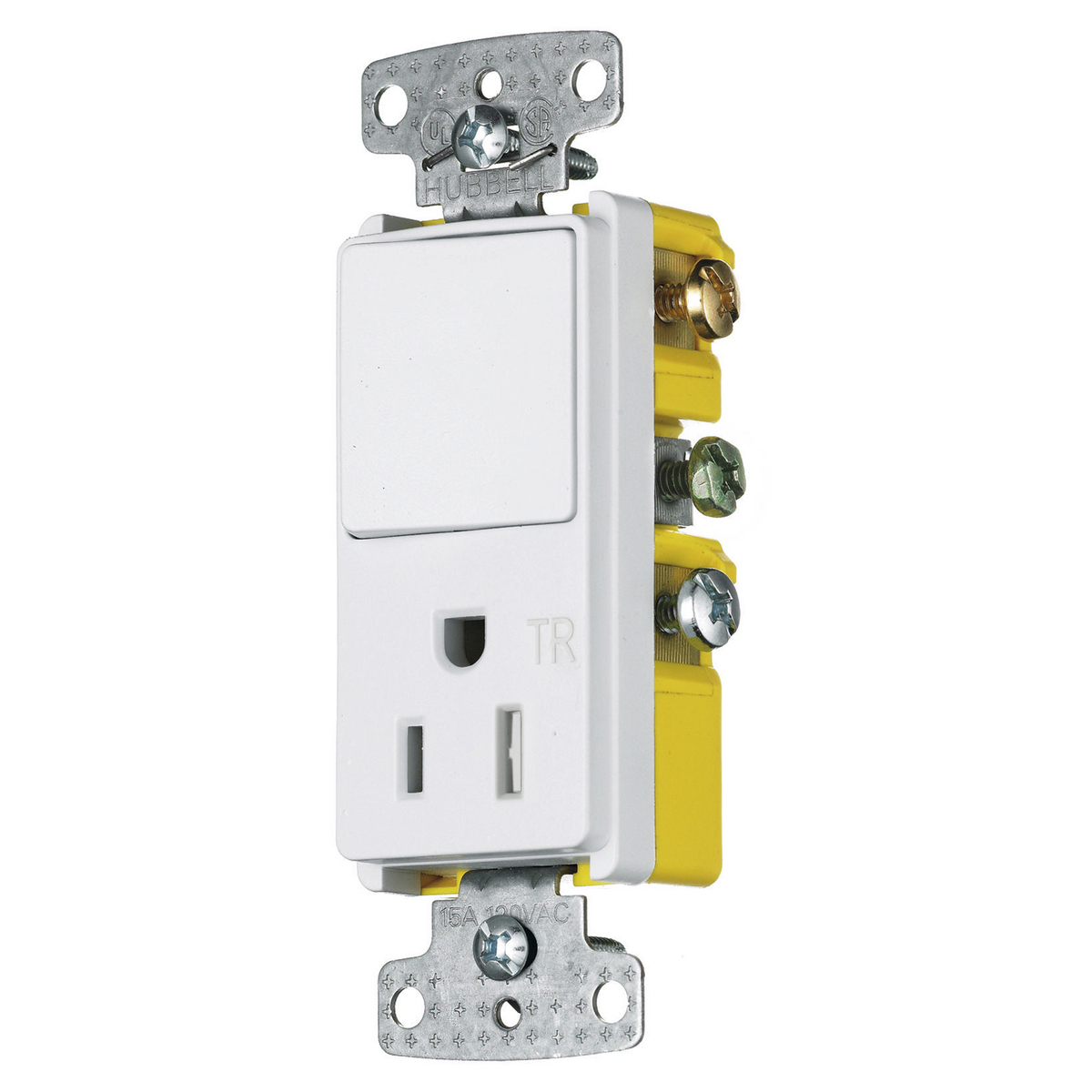 RCD108WTR Decorator 2-Position Standard Tamper-Resistant Combination Switch and Receptacle, Electrical Ratings: 120/125 VAC, 15 A, 1875 W, 1 Poles, 3 Wires, 14 to 12 AWG Wire, Snap Switch Reset