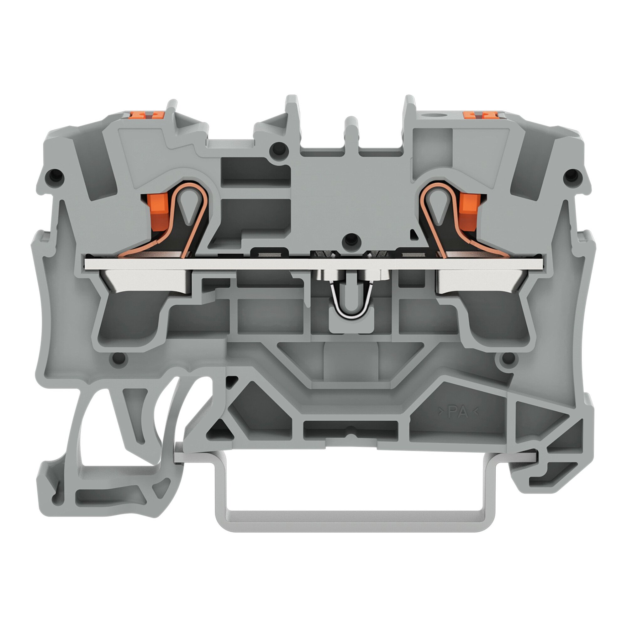 2-conductor through terminal block; with push-button; 4 mm; with test port; side and center marking; for DIN-rail 35 x 15 and 35 x 7.5; Push-in CAGE CLAMP; 4,00 mm; gray