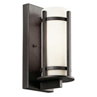 The lodge-style Camden(TM) collection draws inspiration from the Arts and Crafts movement with its clean lines and right angles. This 1 light wall fixture features a sturdy cast aluminum construction, a deep Anvil Iron finish and an Opal Etched cylindrical glass shade to bring a crisp, structural simplicity to any outdoor living - whether it be a covered porch, deck, patio or walkway.