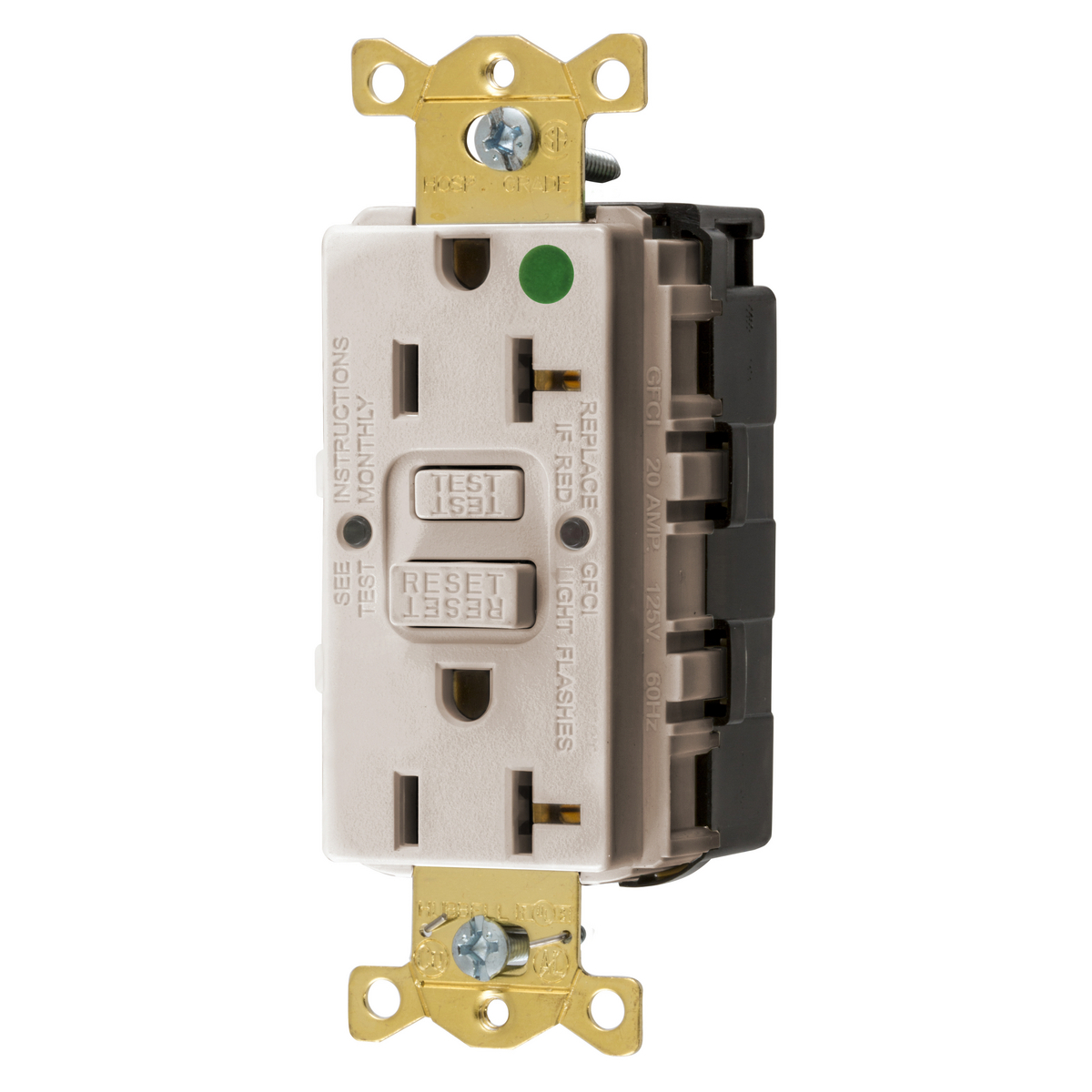 Straight Blade Devices, Receptacle, GFCI, SnapConnect, Commercial Hospital Grade, Self Test, 20A 125V, 2-Pole 3- Wire Grounding, 5-20R, Light Almond.