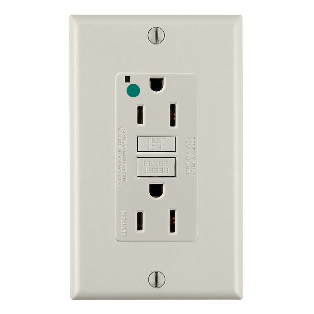 15 Amp, 125 Volt, SmartlockPro Slim Self-Test GFCI Receptacle, Extra-Heavy Duty Hospital Grade, NEMA 5-15R, 20A Feed-Through, 2P, 3W, Matching Wallplate Included - LIGHT ALMOND