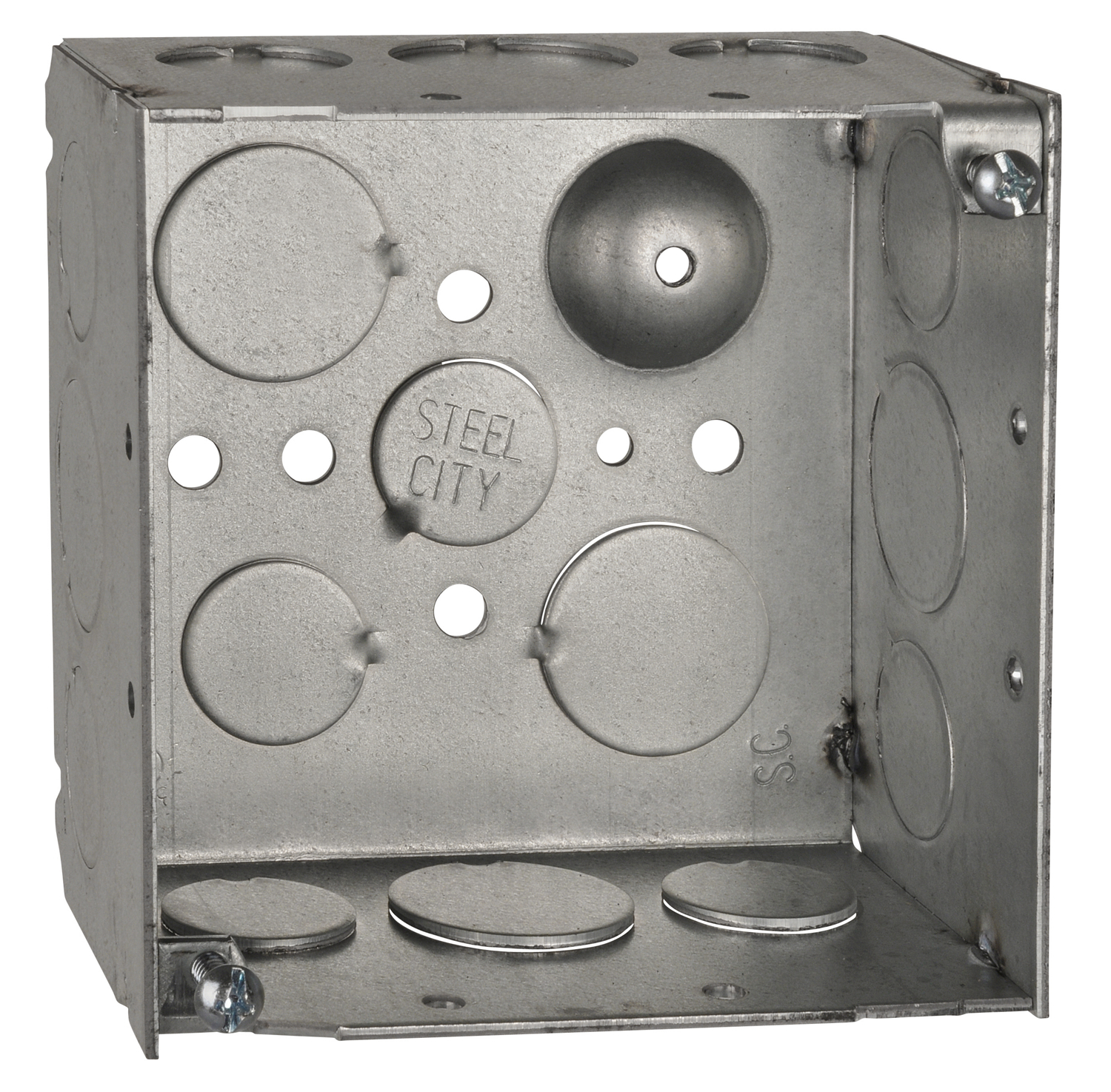 Square Box, 31.9 Cubic Inches, 4 Inch Square x 2-1/8 Inches Deep, 1/2 Inch and 3/4 Inch Eccentric Knockouts and Ground Bump, Galvanized Steel, Welded Construction, For use with Conduit
