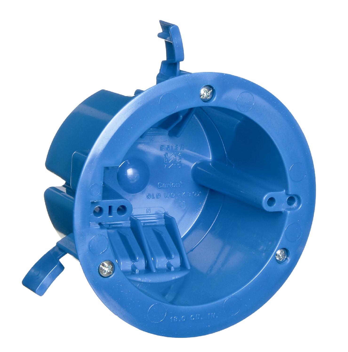 Round Old Work Box, Volume 18 Cubic Inches, Diameter 4-1/4 Inches, Color Blue, Material Polycarbonate, Mounting Means Swing Clamps