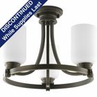 Three-light chandelier with the ability to convert to a semi-flush with opal etched glass shades, rectilinear tubing frame and ring styling. Antique Bronze finish.