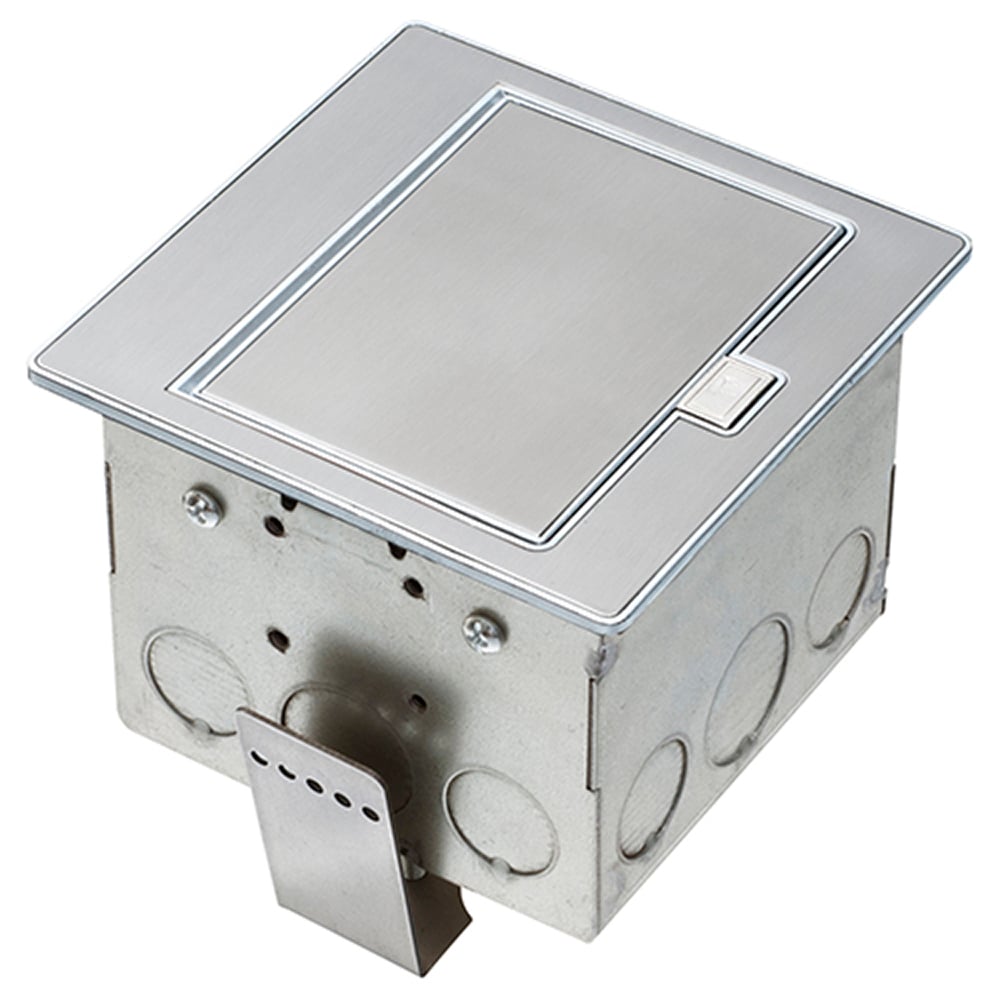 Square Stainless steel counter top box. Comes with a 20 amp tamper resistant decorator style GFCI receptacle.