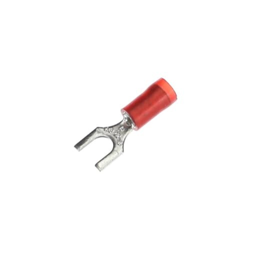 Nylon Insulated Fork Terminal, Length .83 Inches, Width .25 Inches, Maximum Insulation .136, Bolt Hole #8, Wire Range #22-#16 AWG, Color Red, Copper, Tin Plated, 100 Pack