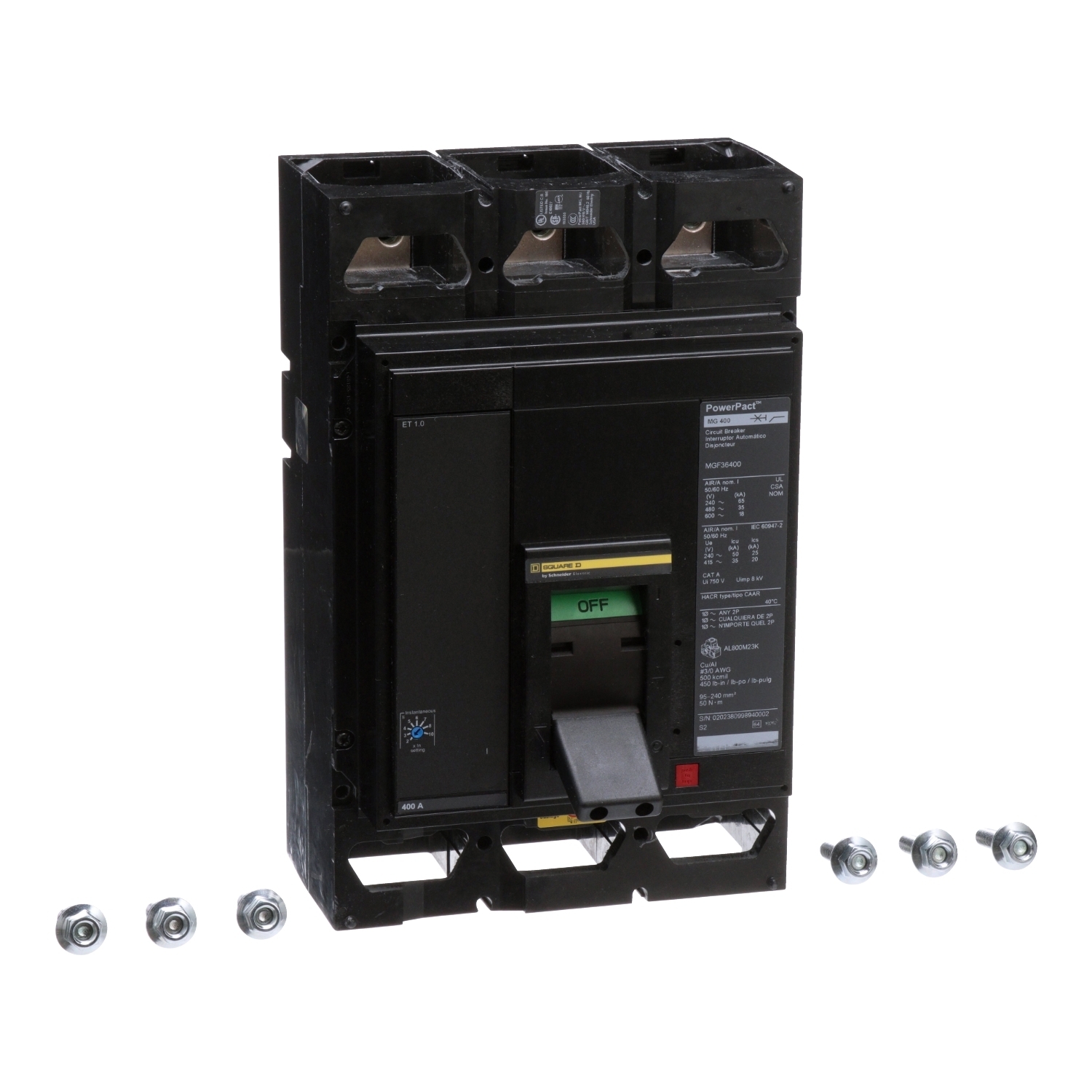 Circuit breaker, PowerPacT M, 800A, 3 pole, 600VAC, 18kA, busbar, ET 1.0, 80%