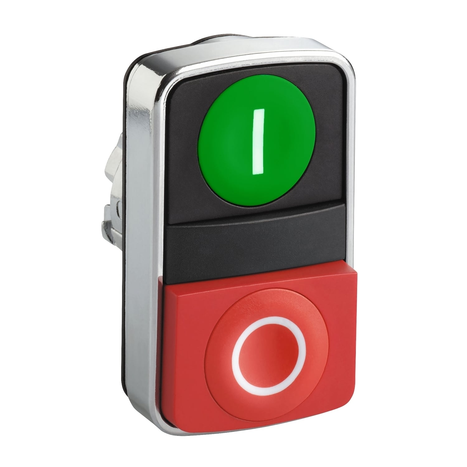 Head for double headed push button, Harmony XB4, metal, 22mm, 1 green flush marked I + 1 red projecting marked O