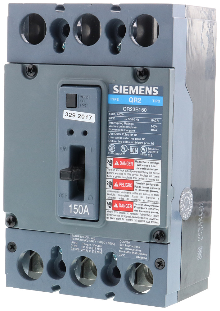  LOW VOLTAGE MOLDED CASE CIRCUIT BREAKER WITH THERMAL - MAGNETIC TRIP. QR FRAME STANDARD 40C BREAKER. 150A 3-POLE (10KA AT 240V). SPECIAL FEATURES NO LUGS INSTALLED.