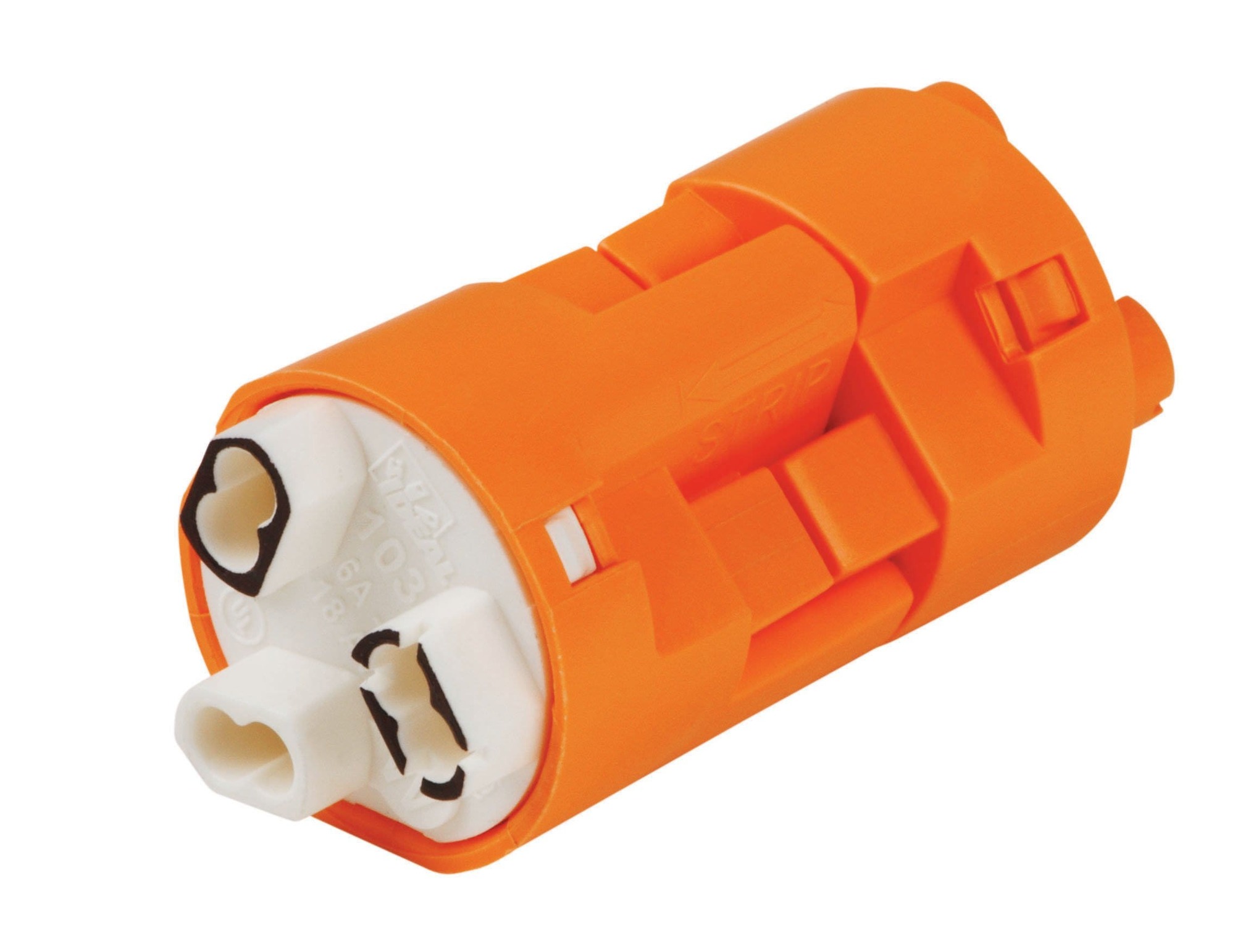 IDEAL, Luminaire Disconnect, PowerPlug, 3-Wire Standard Version, Wire Size: 12 - 18 AWG Solid, 12 - 14 AWG Stranded, 12 - 14, 16, 18 AWG Stranded Tin-Bonded, Voltage Rating: 600 V, Material: Nylon Housing, Copper Alloy Contacts, Amperage Rating: 6 AMP, Color: Orange, Model: 103