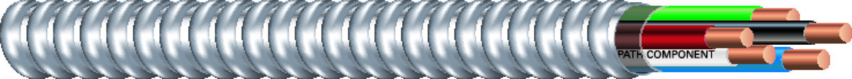 Southwire Armorlite Type MC Cable is constructed with soft-drawn copper  Type THHN/THWN-2 conductors rated 90C dry  and a bare copper grounding conductor for sizes 1/0 AWG and larger. The conductors are cabled together and a binder tape bearing the print legend is wrapped around the assembly. Aluminum interlocking armor is applied over the assembly. Also available in steel. Conductors are black with phase identification. Colors available upon request with economic order quantity.