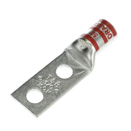 Copper Two-Hole Lug, Standard Barrel, Peep Hole, Max 35kV, Wire Size 3/0 AWG, 3/8 Inch Bolt Size, 1 Inch Hole Spacing, Tin Plated, Die Code 50, Die Color Code Orange