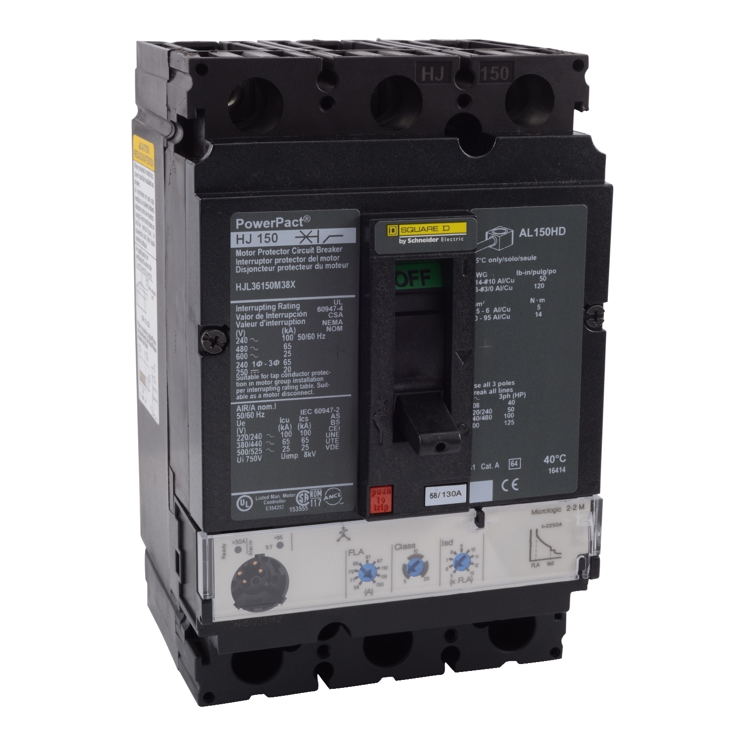 Motor circuit protector, PowerPacT H, 150A, 3 pole, 600VAC, 25kA, lugs, Micrologic 2.2M, 80%