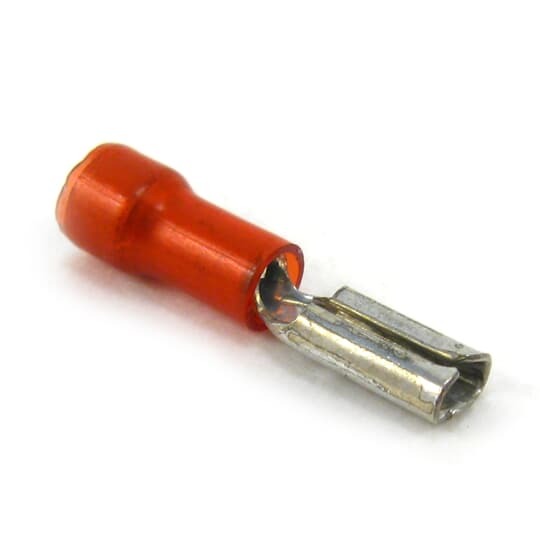 Nylon-Insulated Female Disconnect, Length 0.75 Inches, Width 0.15 Inches, Maximum Insulation 0.110, Tab Size .110x.020, Wire Range #22-#18 AWG, Color Red, Copper, Tin Plated, 100 Pack