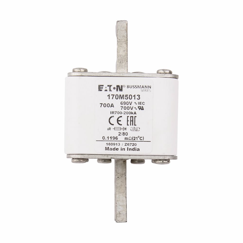Eaton Bussmann series high speed square body fuse, 1250V (IEC), 1300V (UL), 700A, 200 kAIC, Top fuse status indicator, Fuse, Blade end X blade end, Class aR, DIN 43 620 - 170M5013