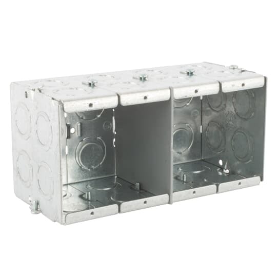 Gangable Masonry Box, 93.5 Cubic Inches, 3-3/4 Inches Long x 7-3/8 Inches Wide x 3-1/2 Inches Deep, 1/2 Inch and 3/4 Inch Knockouts, Pre-Galvanized Steel, For use with Conduit