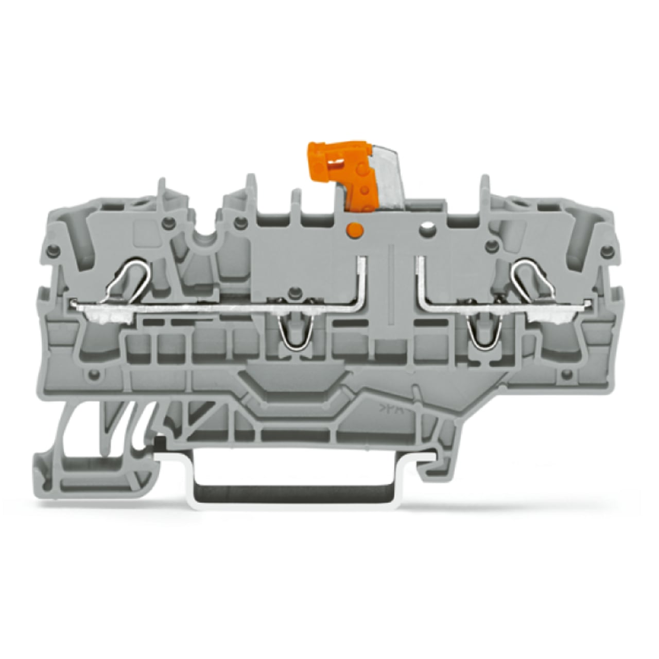 2-conductor disconnect/test terminal block; with additional jumper position; orange disconnect link; for DIN-rail 35 x 15 and 35 x 7.5; 2.5 mm; Push-in CAGE CLAMP; 2,50 mm; gray