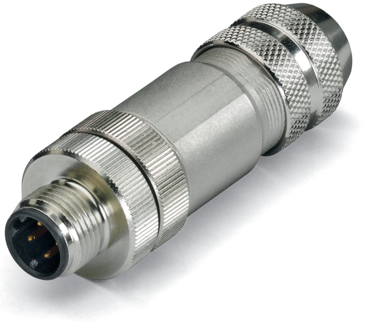 Fitted pluggable connector; 4-pole, shielded; M12 plug, straight, D-coded; Spring
