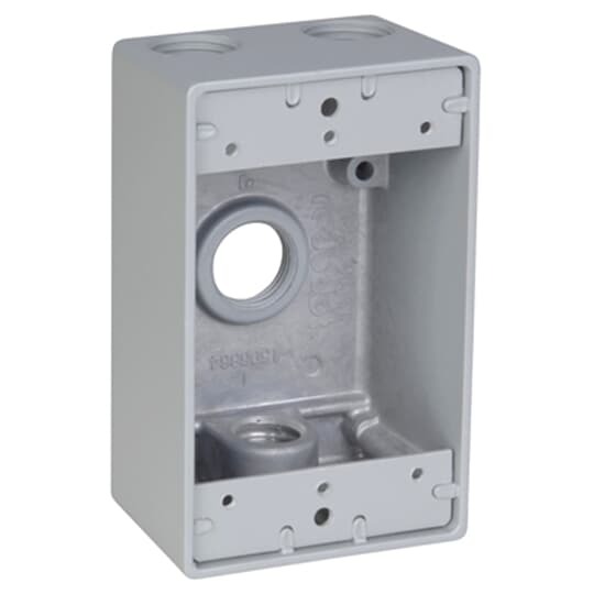 Single Gang Universal Weatherproof Box, 17.3 Cubic Inches, Hub Size 3/4 Inch, Silver, Aluminum, 4 Outlets, Two on Top, and One on Bottom and Back, with Mounting Lugs, Pack of 10