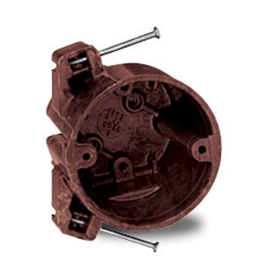 Round Ceiling/Fixture Nail-On Outlet Box, Volume 22.8 Inches, Diameter 3-1/2 Inches, Depth 3-1/4 Inches, Color Brown, Material Phenolic, Mounting Means Compound Angled Nails, with #36 Clamps