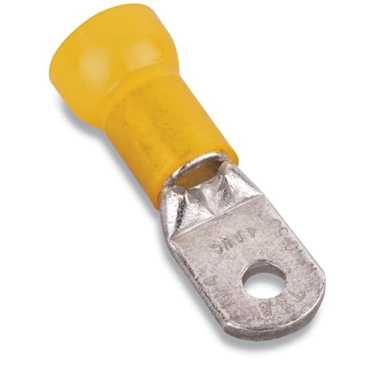 Nylon Insulated Large Ring Terminal, Length 1.76 Inches, Width .56 Inches, Maximum Insulation .510, Bolt Hole 1/4 Inch, Wire Range 4, Color Yellow, Copper, Tin Plated, 100 Pack
