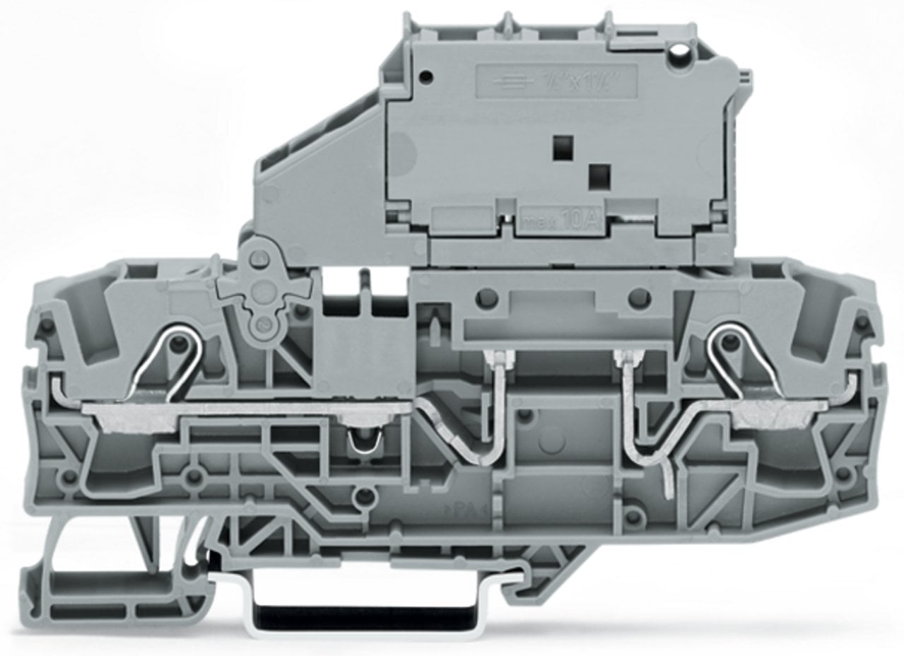 2-conductor fuse terminal block; with pivoting fuse holder; for glass cartridge fuse " x 1"; without blown fuse indication; for DIN-rail 35 x 15 and 35 x 7.5; 6 mm; Push-in CAGE CLAMP; 6,00 mm; gray