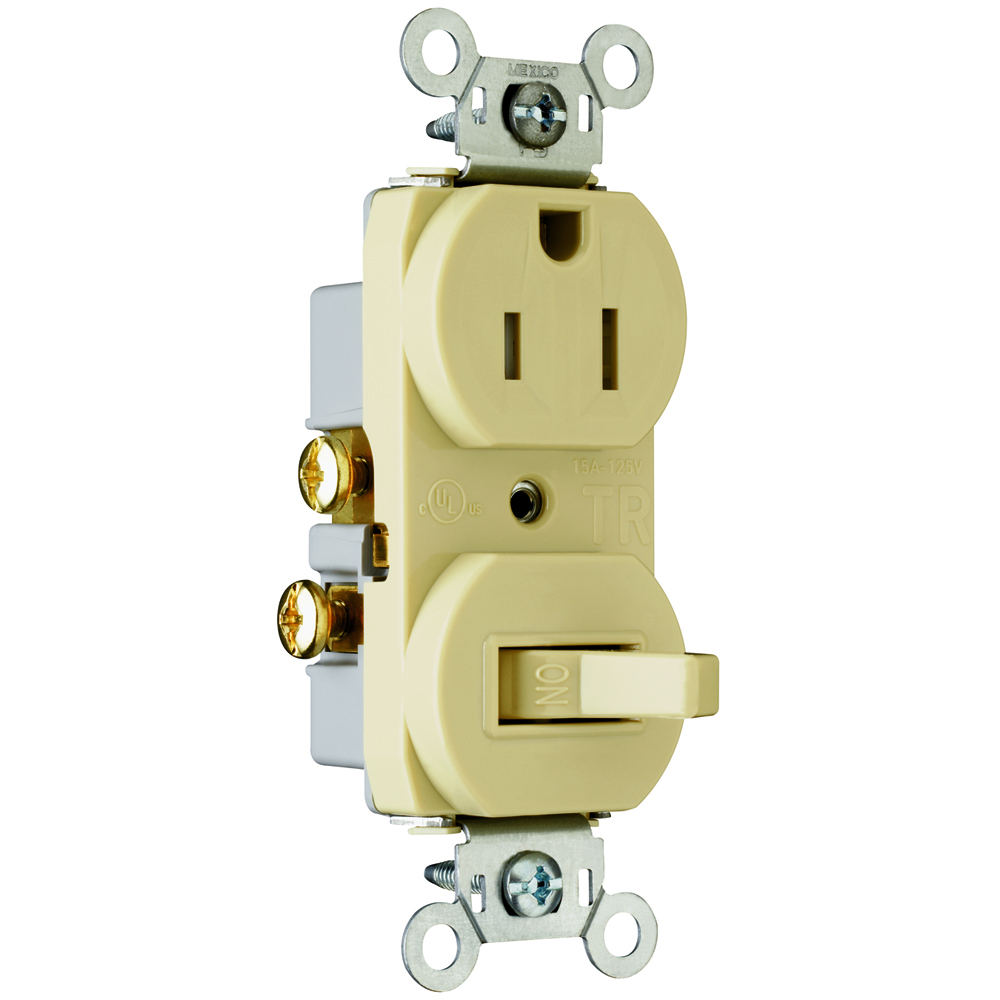 Single Pole, Tamper Resistant, Single Receptacle Switch, 15 amps, 120 volts, Ivory.