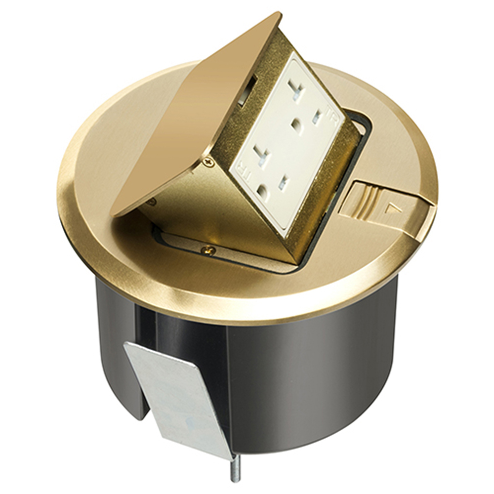 Pop up counter top box kit with round brass cover. With Round plastic box. Comes with 20 amp decorator style tamper resistant receptacle.