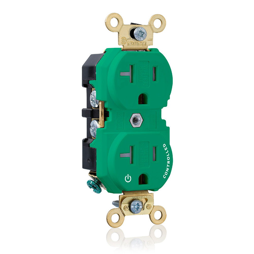 Duplex Receptacle Outlet, Extra Heavy-Duty Industrial Specification Grade, Split-Circuit, One Outlet Marked "Controlled", Tamper-Resistant, Smooth Face, 20 Amp, 125 Volt, Back or Side Wire, NEMA 5-20R, 2-Pole, 3-Wire, Self-Grounding - Green