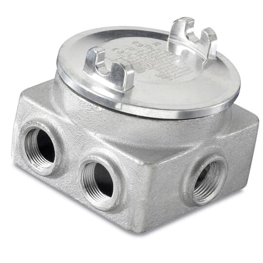 3/4 Inch Gup Explosion Proof Junction Box, Body Material and Finish Ductile Iron Electro Galvanized and Aluminum, Acrylic Paint, Cover Material Copper Free Cast Aluminum, O Ring Neoprene, 6 Hubs (NPT): 2 Top, 2 Bottom and 1 Each Side