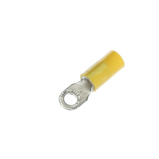 Vinyl-Insulated Ring Terminal, Length 1.06 Inches, Width .31 Inches, Maximum Insulation .210, Bolt Hole #8, Wire Range #12-#10 AWG, Color Yellow, Copper, Tin Plated