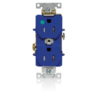 Duplex Receptacle, Tamper-resistant, Hospital Grade, 2-Pole 3-Wire Grounding, NEMA 5-15R, 15A-125V, Flat Face, Back And Side Wired, Blue. 1-piece Ground-Contractor Pack