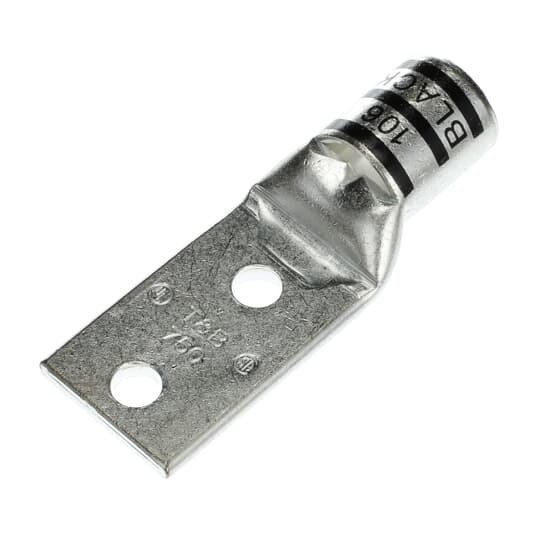 Copper Two-Hole Lug, Standard Barrel, Max 35kV, Peep Hole, Wire Size 750 kcmil, 1/2 Inch Bolt Size, 1-3/4 Inch Hole Spacing, Tin Plated, Die Code 106, Die Color Code Black