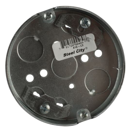 Pancake Box, 5.5 Cubic Inches, 4 Inch Diameter, 1/2 Inch Deep, Galvanized Steel, Furnished with Two Loom Clamps for Non-Metallic Cable with 10/32 Deep Slotted Screws and Two 8/32 x 1/2 Inch Screws in Ears
