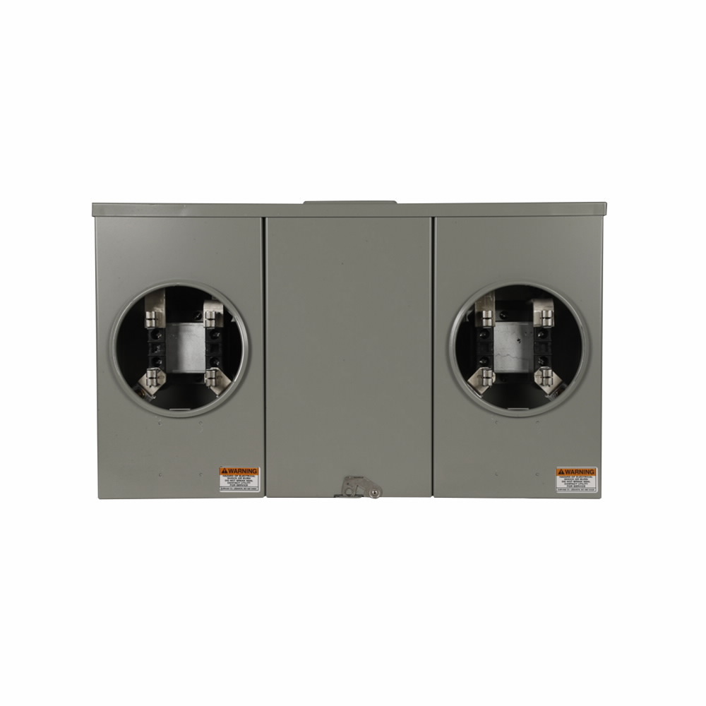 Eaton meter socket, Multi position resi service, 200A, Over/under, 5x5 inch hub cover plate, #6-350 kcmil, 4-jaw, 1-ph, #8-250 kcmil, Gnd conn (#14-#2 Cu), Triplex, 3-wire, Ringless, 600 Vac