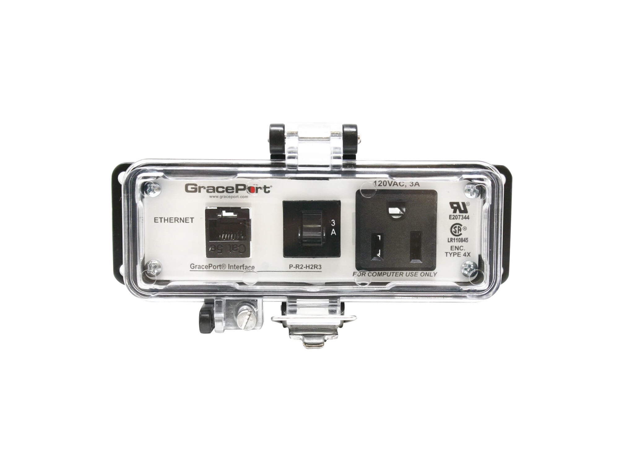 PANEL INTERFACE CONNECTOR WITH CATEGORY 5E RJ45, PANEL MOUNT HOUSING, UL TYPE 4X, SIMPLEX OUTLET, 3 AMP CIRCUIT BREAKER