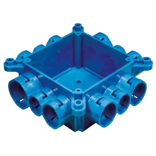 Non-metallic mud box with blank cover and 12 integral connectors.  29.3 Cubic Inch Capacity.
