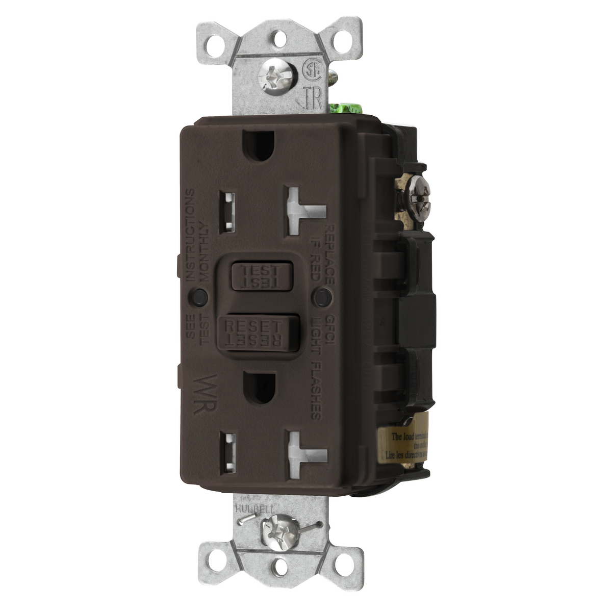 Straight Blade Devices, Receptacle, GFCI, Tamper and Weather Resistant, Commercial Grade, Self Test, 20A 125V, 2- Pole 3-Wire Grounding, 5-20R, Brown.