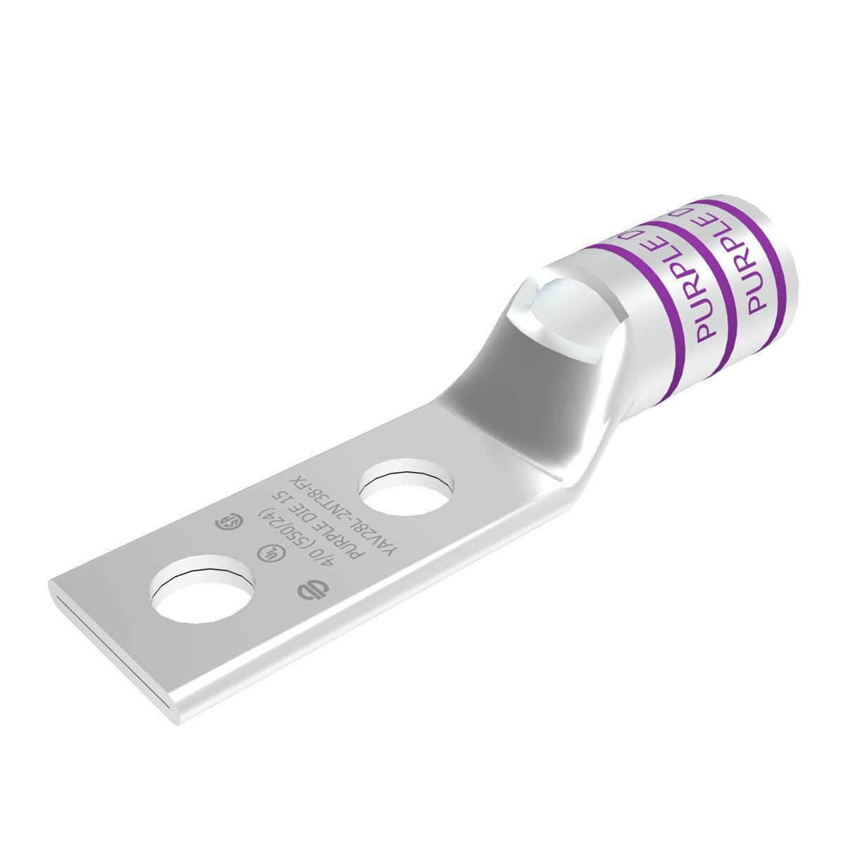 4/0 Flex G,H,I,K,M,DLO, 4/0 AWG CU, Two Hole, 3/8 Stud Size, 1 Hole Spacing, Standard Barrel, Inspection Window, Narrow Tongue, Internal Chamfer, Tin Plated, UL/CSA, 90?C, Up to 35kV, Purple Color Code, 15 Die Index.