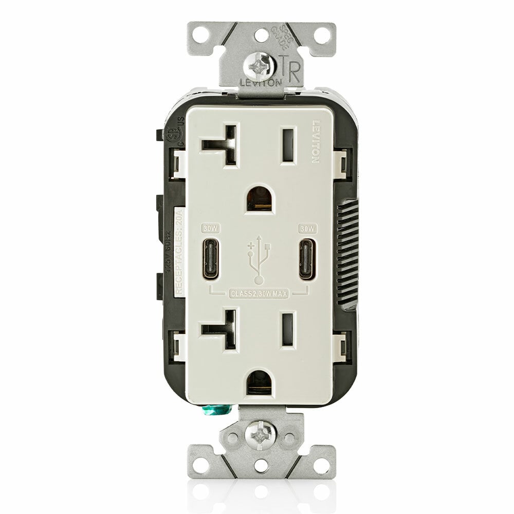 20 Amp, 125 Volt, Decora Tamper-Resistant Outlet. NEMA 5-20R, 30W (6 Amps), Dual Type-C/C Power Delivery USB Chargers, Grounding, Side Wired  - Back Wired - Light Almond