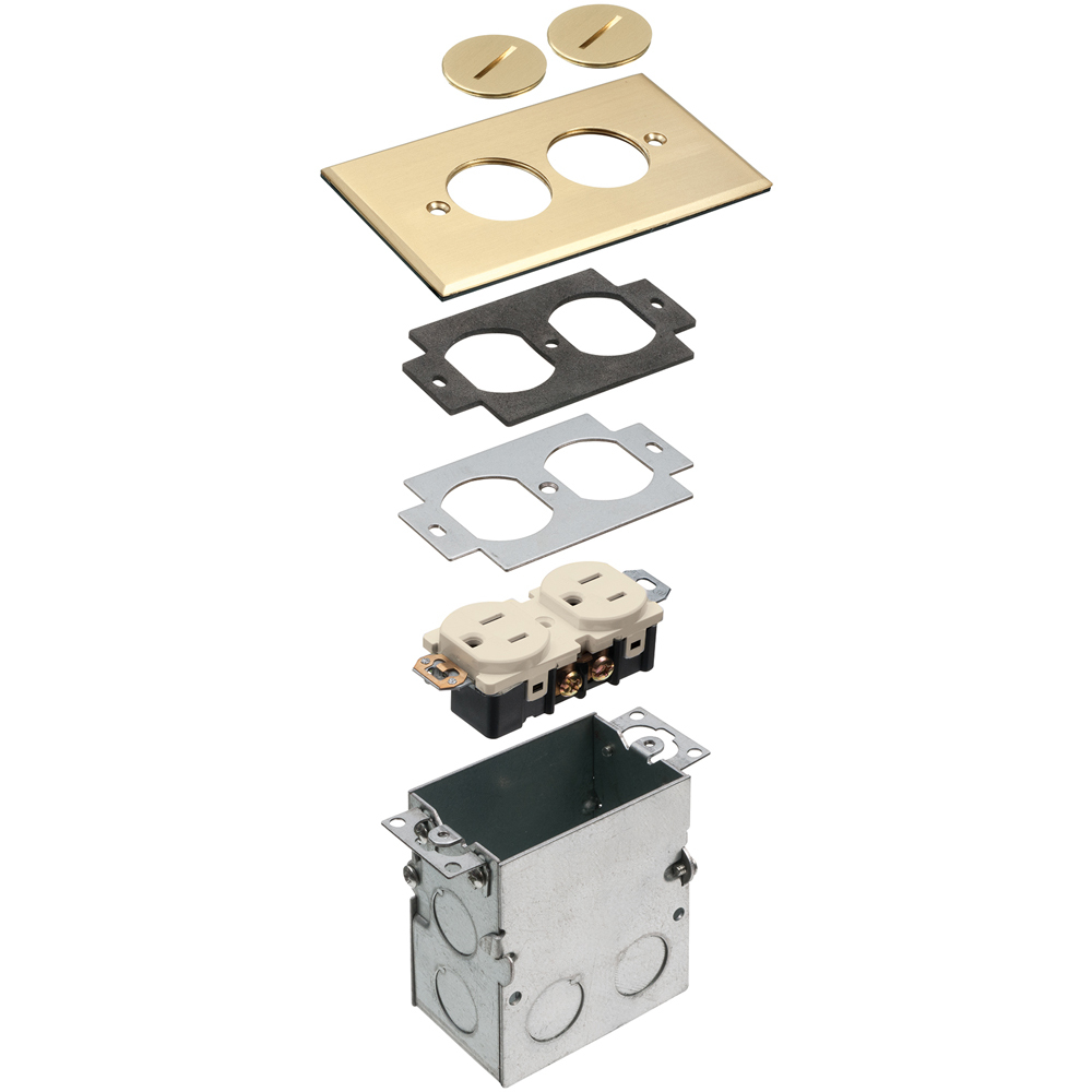 Floor box kit with steel box and metallic cover with threaded plugs. Single Gang. Brass.