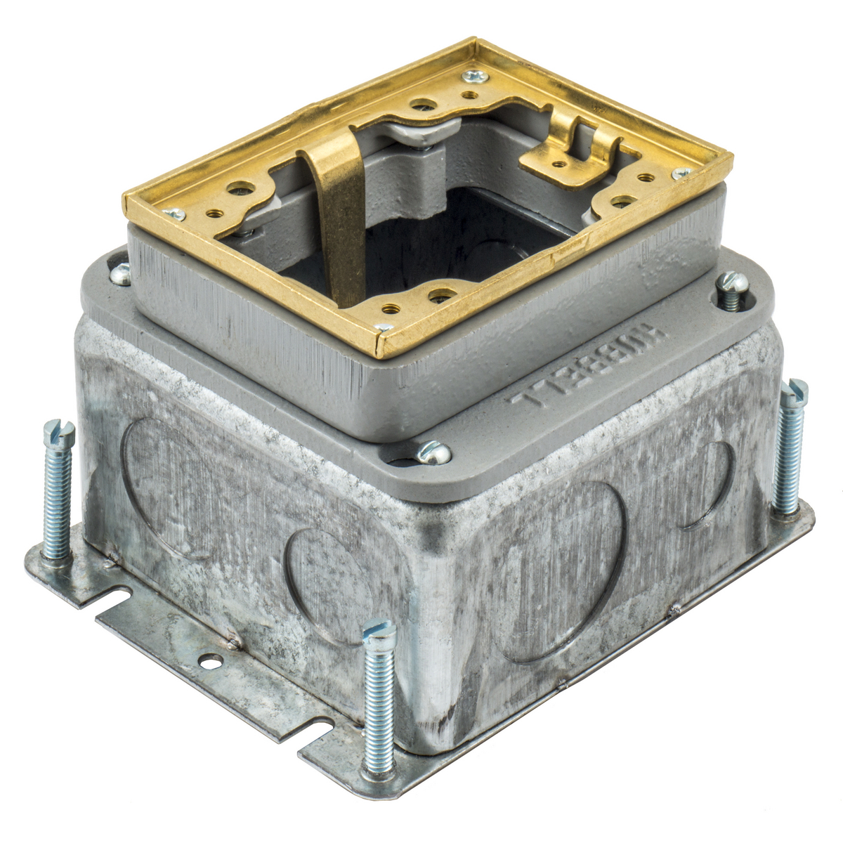 Flush Concrete Floor Box Series, 1-Gang, Rectangular, Galvanized Stamped Steel Box, Deep, Fully Adjustable, Single Service, Brass Top