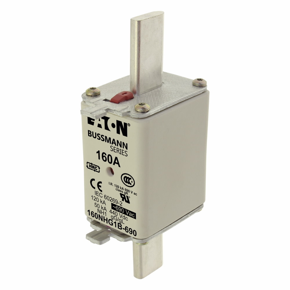 Eaton Bussmann series low voltage NH Fuse, Live gripping lug, 690V, 160A, 120 kAIC, Combination fuse status indicator, fuse, Blade end connection, Class C gL/gG, Square-body with knife blade contact, Ceramic body