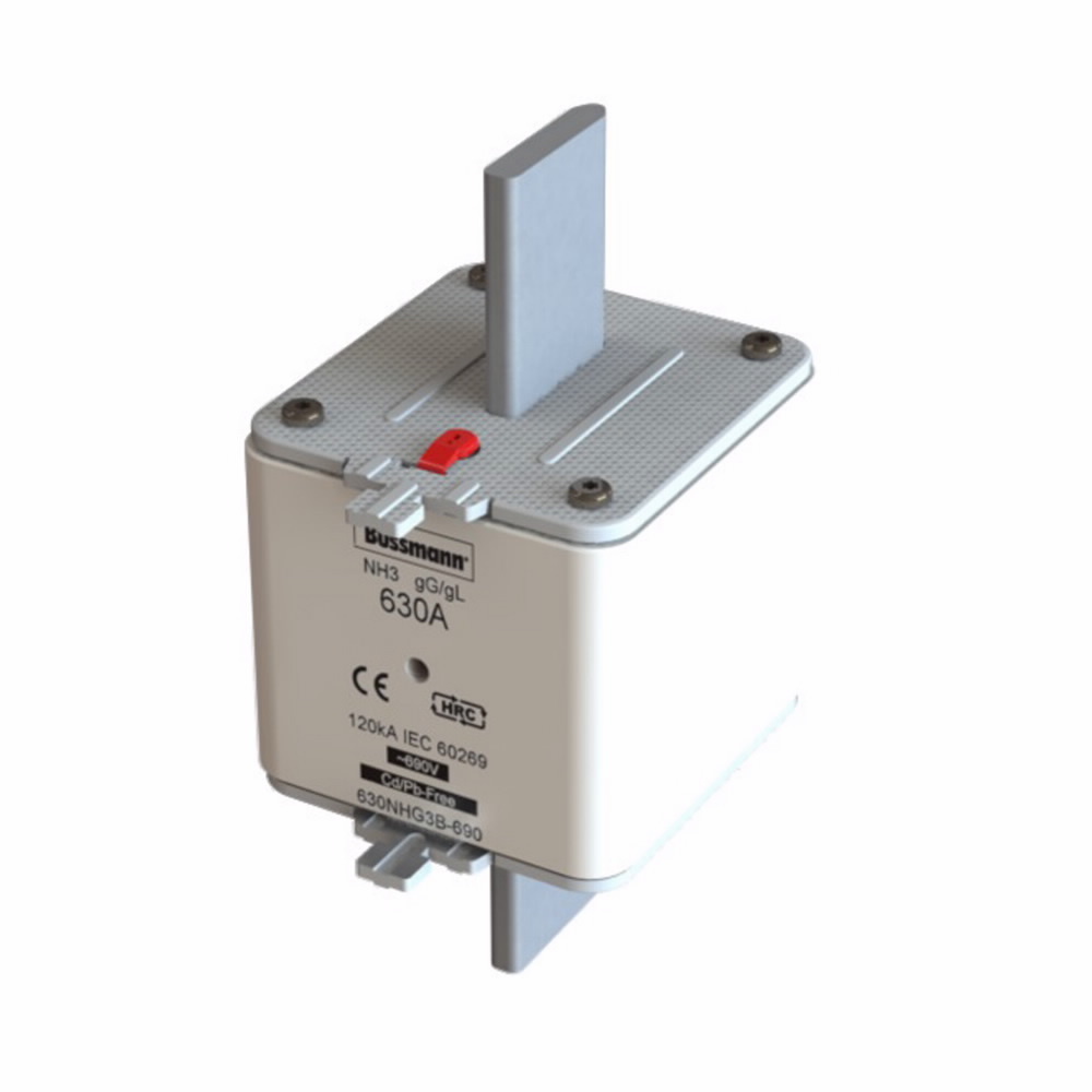 Eaton Bussmann series low voltage NH Fuse, Live gripping lug, 690V, 315A, 120 kAIC, Combination fuse status indicator, fuse, Blade end connection, Class C gL/gG, Square-body with knife blade contact, Ceramic body - 315NHG3B-690